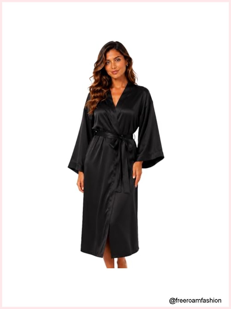 Long Satin Kimono Robe Silky Lightweight Adjustable Tie Waist